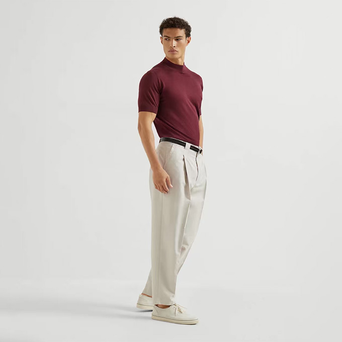 brunello cucinelli panama cotton linen pleated long trousers